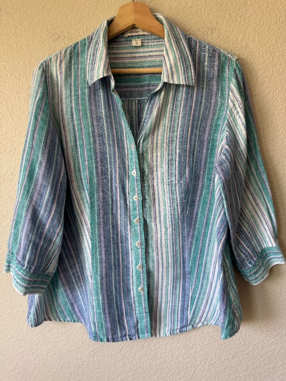 Coldwater Creek Linen Button Front Shirt Vertical Stripe 3/4 Sleeve Coastal XL16